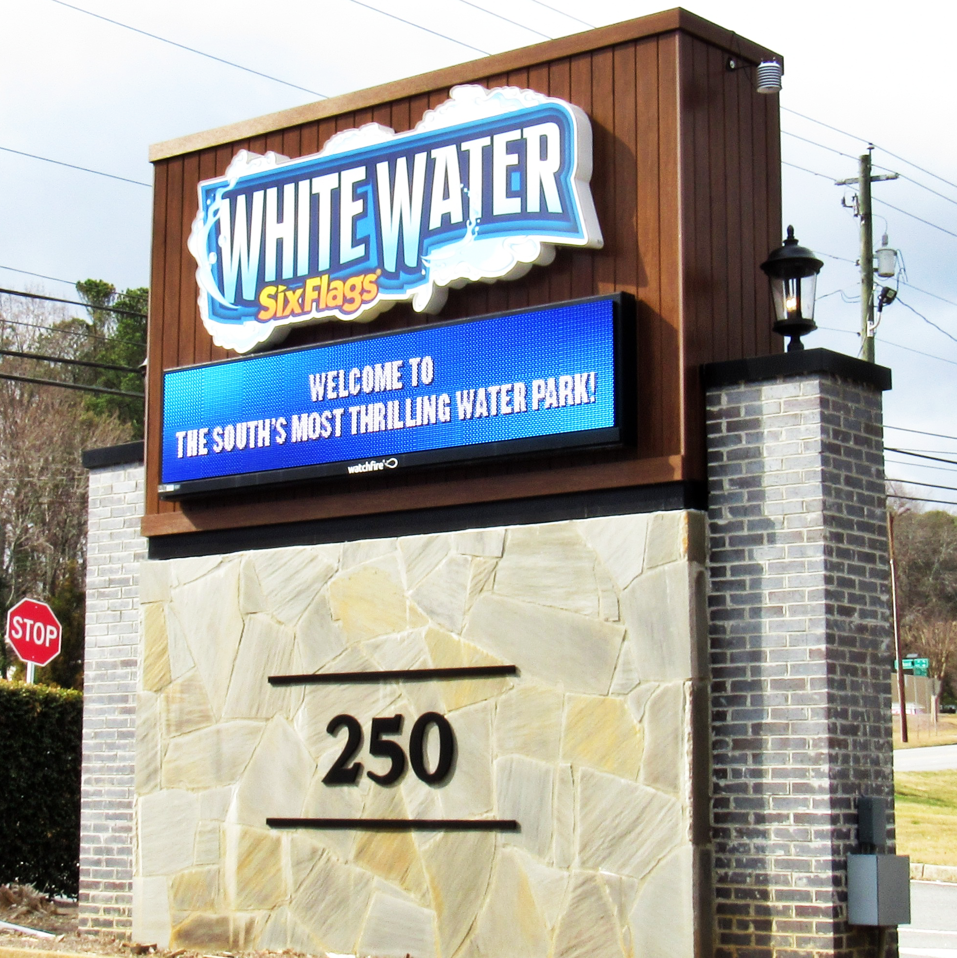 Six Flags Whitewater EMC Logo Box Masonry Monument Sign-1